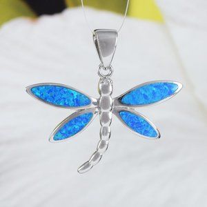 New Silver Opal Large Dragonfly Pendant Necklace